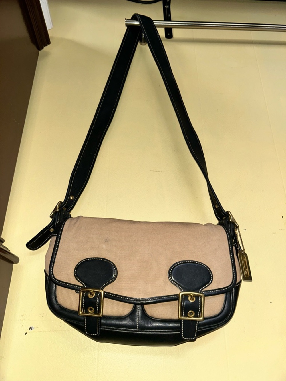 Coach Canvas and Navy/Black Leather Trim Shoulder Bag - Beige/Black